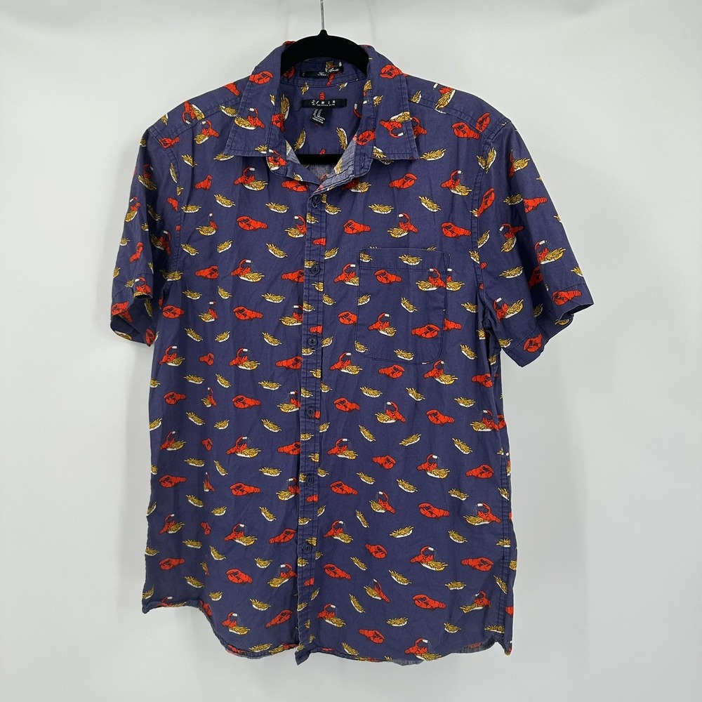 21 Men Boys Lobster French Fries Print Button Down Shirt Navy Blue Sz XL Cotton